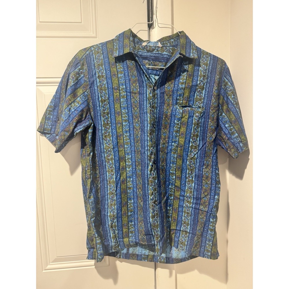Vintage Andrade Men's Hawaiian Shirt Striped Geometric Retro SS M Loop Collar